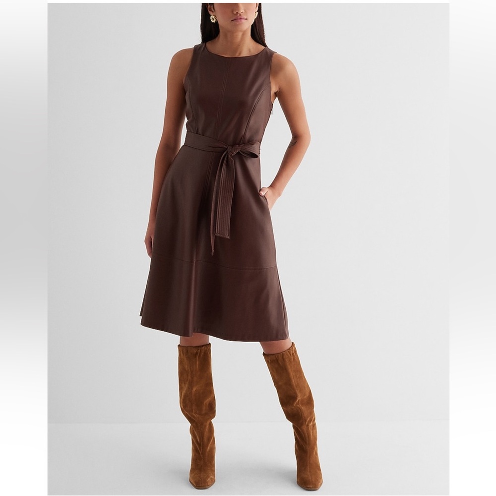 NWT Express Brown Faux Leather Fit and Flare Tie Waist Midi Dress size XS - Picture 5 of 5